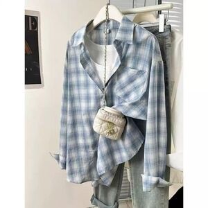 Blue Plaid Oversized Long Sleeve Shirt